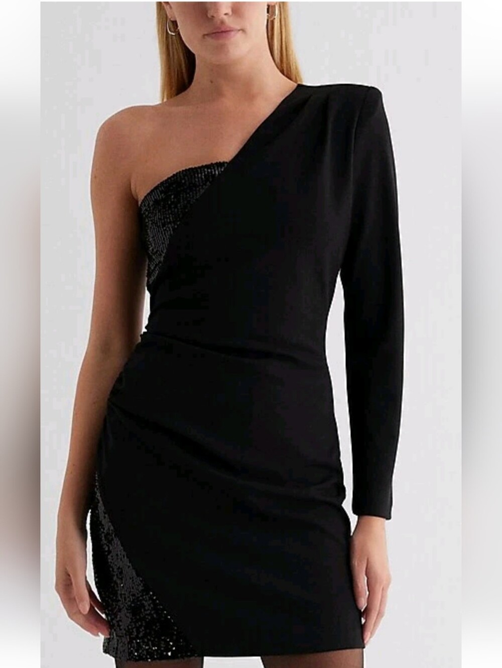 NWT Express One-Shoulder Black Dress with Sequin Detail Body Con Stretch Size M